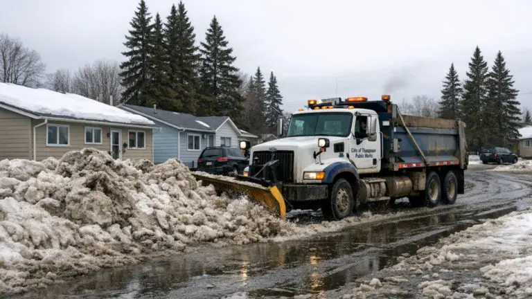 Thompson Public Works Clears Snow in Westwood and Juniper Area on Apr 1 - AI Generated Image