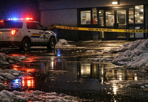 RCMP cruiser with flashing lights parked outside a commercial building in Thompson, Manitoba at night
