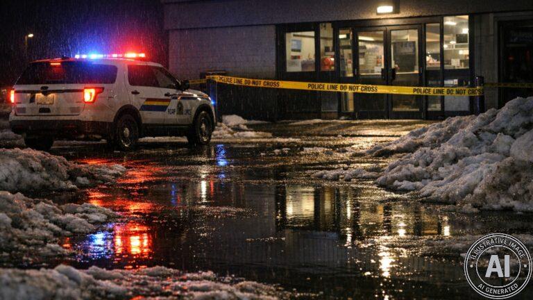 RCMP cruiser with flashing lights parked outside a commercial building in Thompson, Manitoba at night