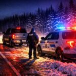 RCMP cruiser with flashing lights pulled over a pickup truck at night on a snowy rural Manitoba highway