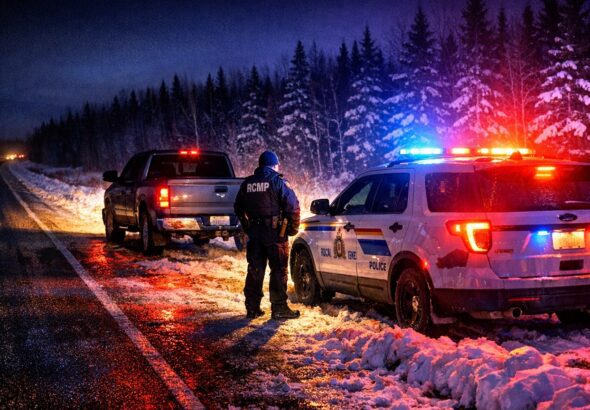 RCMP cruiser with flashing lights pulled over a pickup truck at night on a snowy rural Manitoba highway