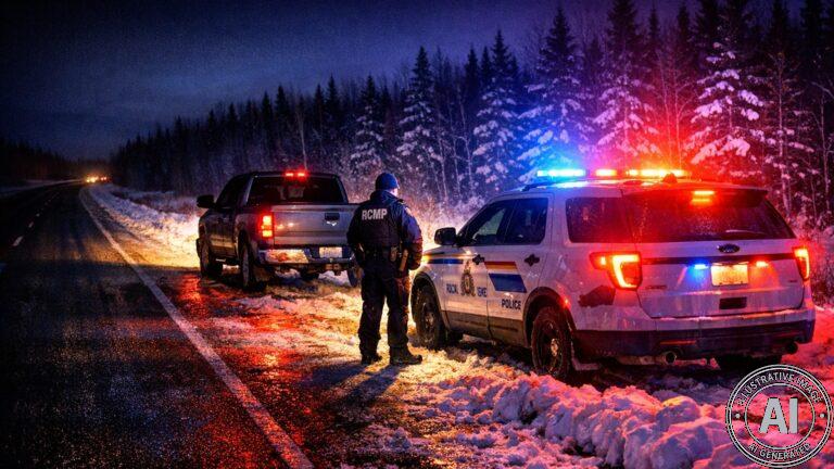 RCMP cruiser with flashing lights pulled over a pickup truck at night on a snowy rural Manitoba highway