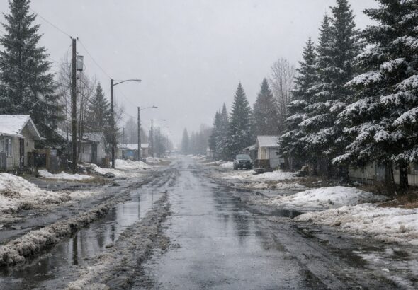 Light snow falling over a residential street lined with snow-dusted spruce trees in Thompson, Manitoba