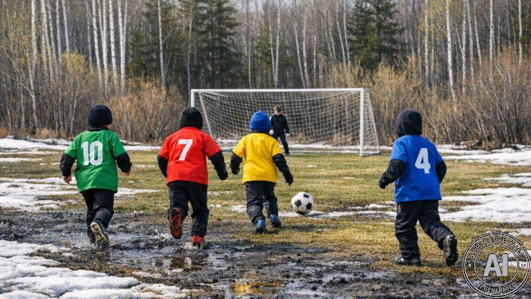Young children in colourful soccer jerseys playing on a spring grass field with boreal forest trees in the background in Thompson, Manitoba
