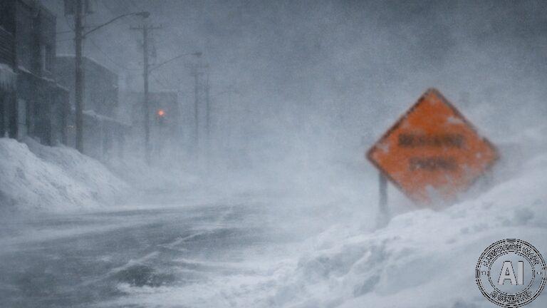 A severe blizzard engulfs a Thompson, Manitoba street with near-zero visibility, blowing snow and dark grey skies.