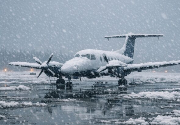 A small regional airport in northern Manitoba during a winter storm, with a propeller aircraft on the snowy tarmac and heavy snowfall.