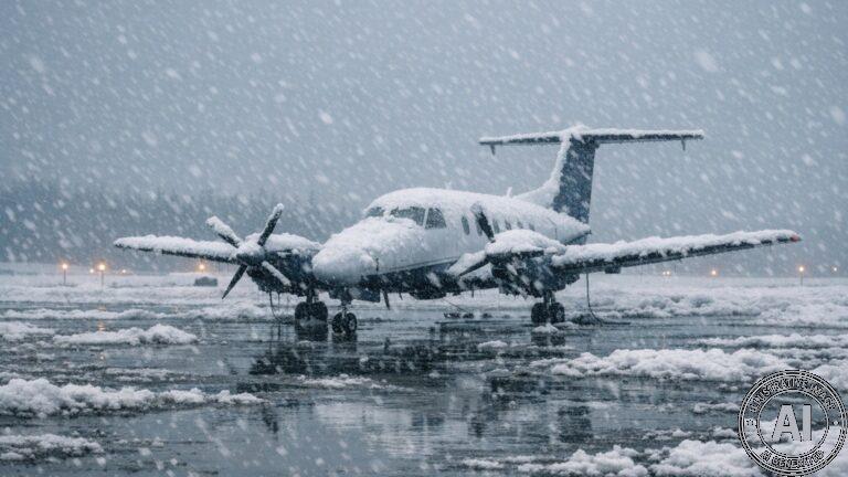 A small regional airport in northern Manitoba during a winter storm, with a propeller aircraft on the snowy tarmac and heavy snowfall.
