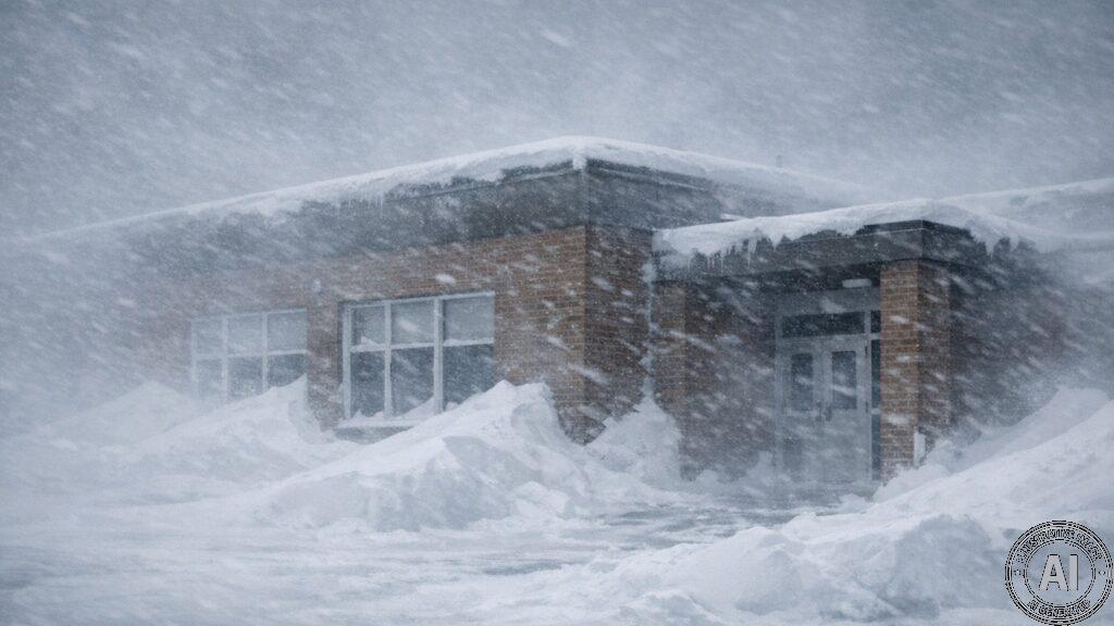 An empty school building exterior in Thompson, Manitoba during a severe blizzard with heavy blowing snow and dark overcast skies.