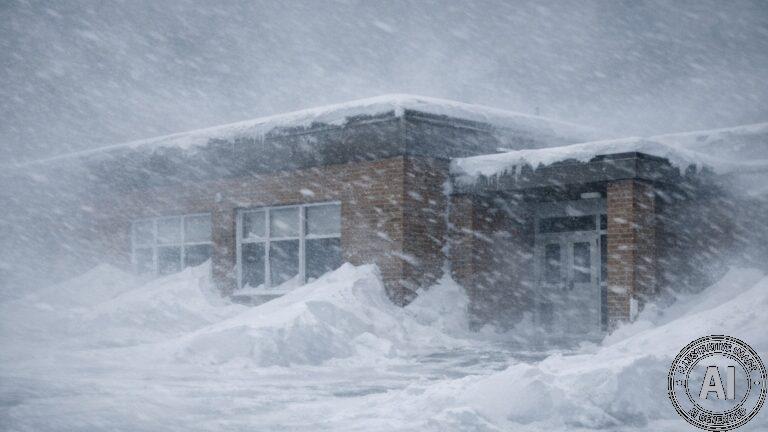 An empty school building exterior in Thompson, Manitoba during a severe blizzard with heavy blowing snow and dark overcast skies.